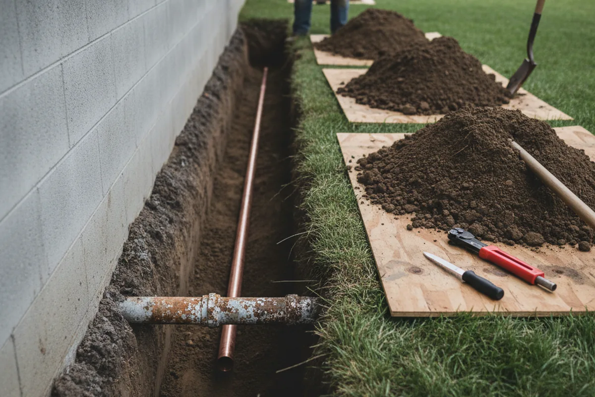 Excavated water line trench during Water Softener Installation in North Hampton